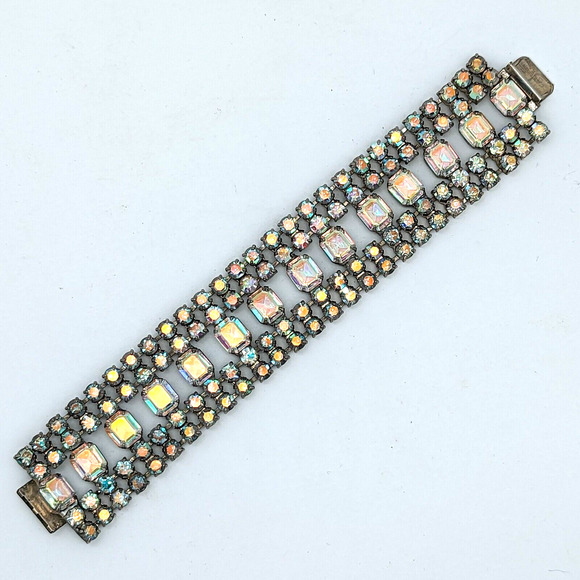 Aurora Borealis Clear Rhinestone Cuff Bracelet 5 Rows Statement Piece 60s 8.75" - Picture 4 of 13
